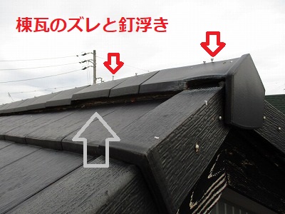 棟瓦　釘浮きと瓦のズレ